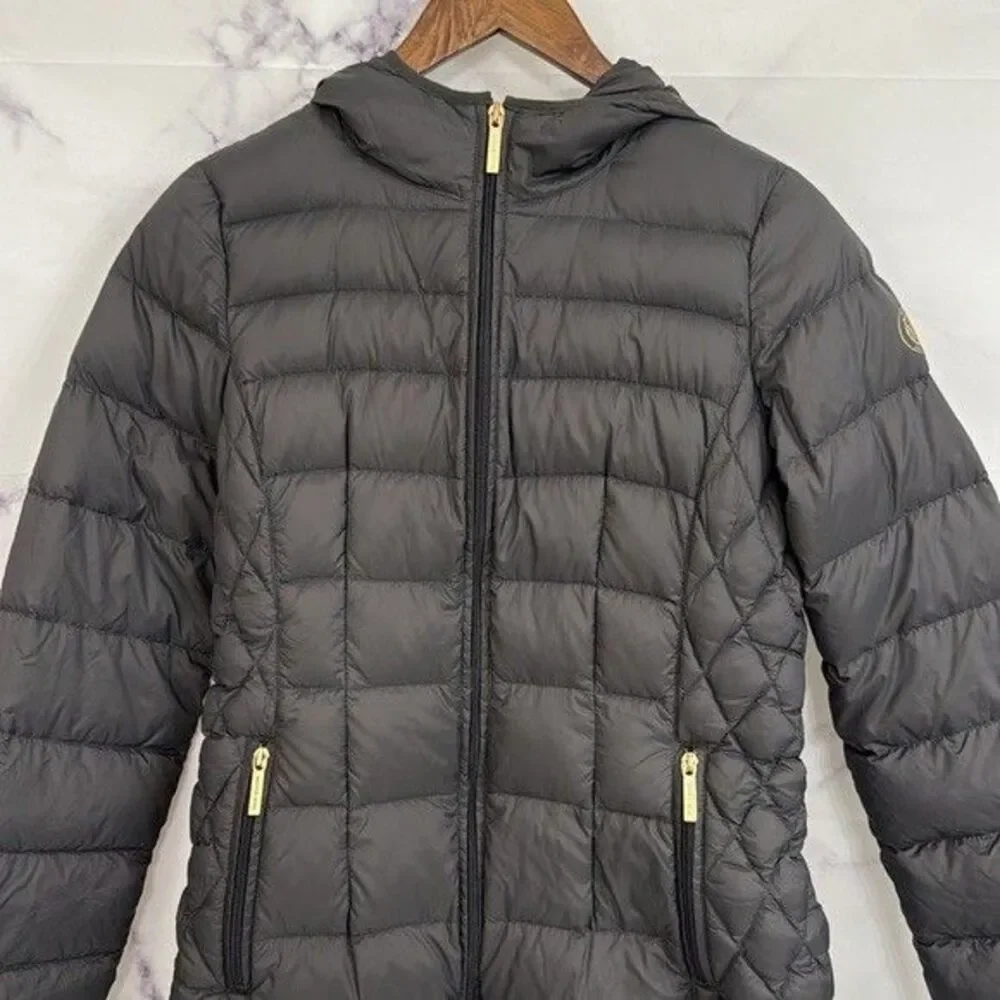 Michael Kors Women's Quilted Packable Down Jacket Black Hooded Puffer Sz Small